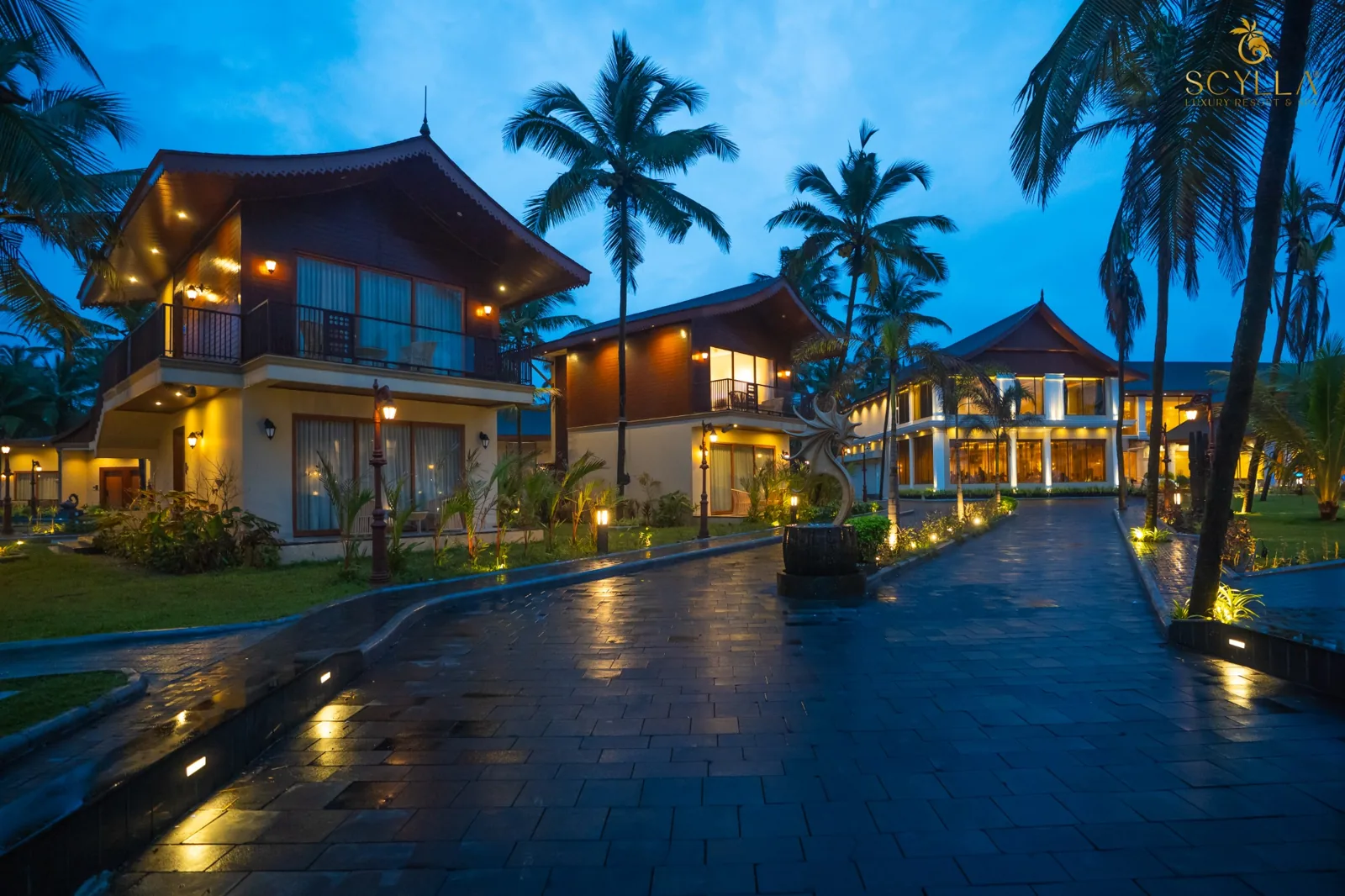 Romantic evening exterior view of Scylla Luxury Resort and Spa near Mangalore